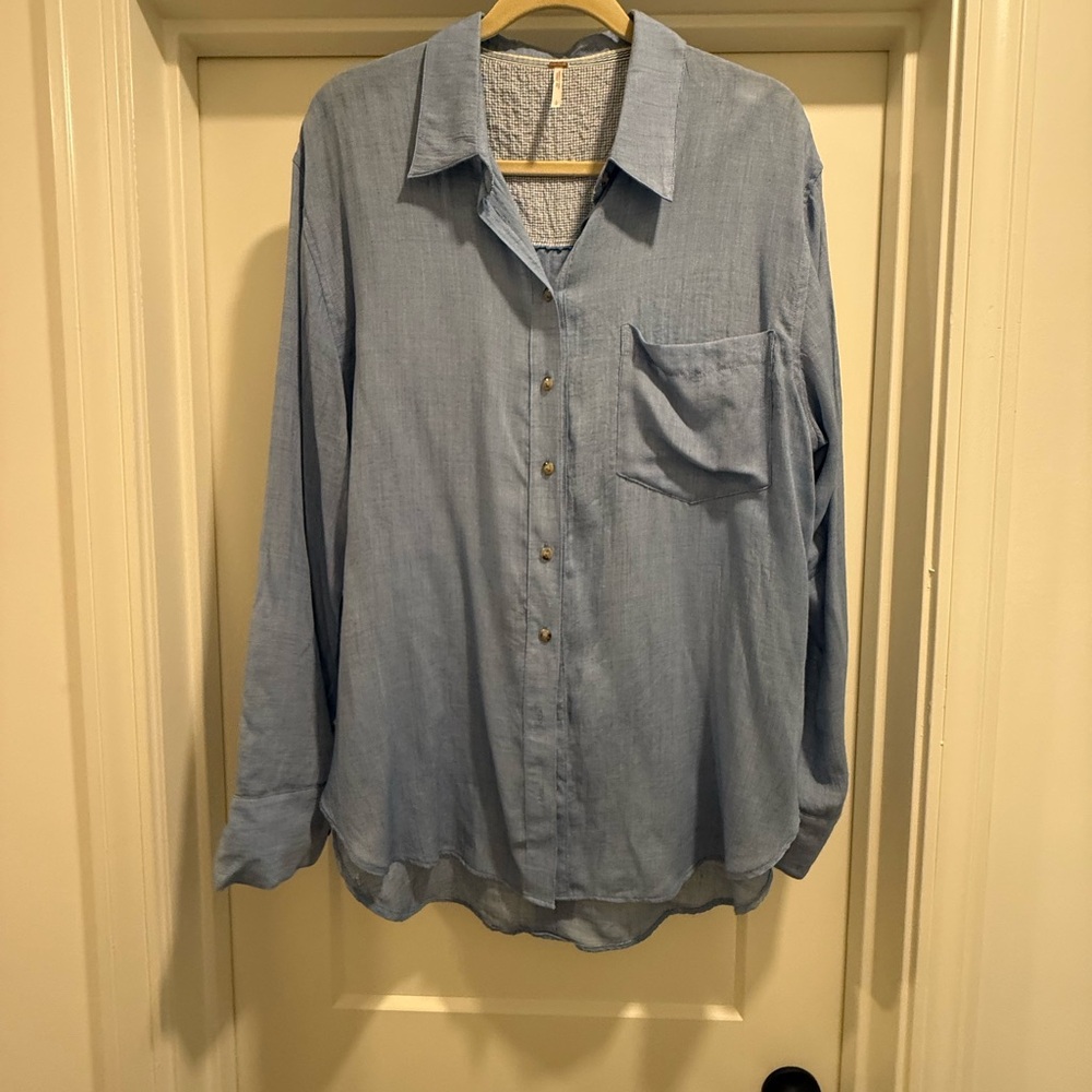 Free People oversized soft fabric light blue button down shirt